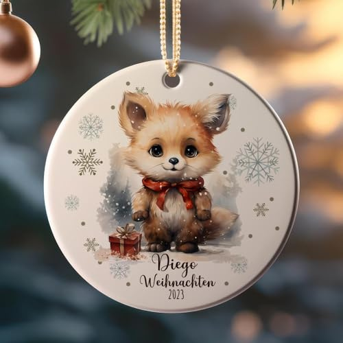 Weihnachtskugel Weihnachtsschmuck Keramik Baumanhänger Weihnachten personalisiert Namen Wunschname Fuchs mit Geschenk Tiere Baumkugel wkp51 ilka parey wandtattoo-welt
