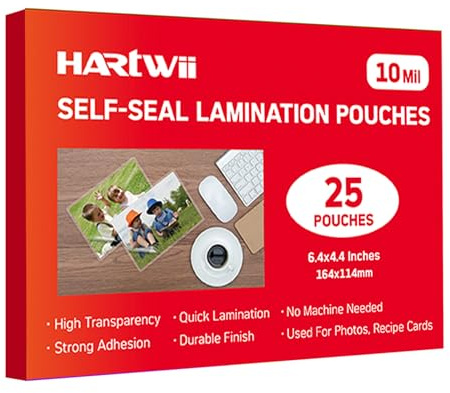 HARTWII 25 Pack Self-Sealing Laminating Pouches 4x6 Inch,10 Mil Thick Double-Sided Self Adhesive Lamination Pouches,Waterproof Photo Laminating Sheets No Laminator Machine Need