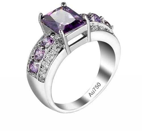 Epinki Weiß Gold 18K Au750 Pärchen Ringe, Breiter Ring Freundschaftsringe mit Amethyst Lila, Moissanit Echte Goldschmuck, Gr.48 (15.3)