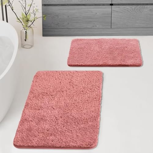 ARRITS Badezimmerteppich Set 2 Teilig, rutschfeste Badematte Waschbar, Weich Badezimmermatte Wasserabsorbierend Mikrofaser Badematte Rosa, Hochflor Duschteppich für Dusche, Badewanne und Toilette