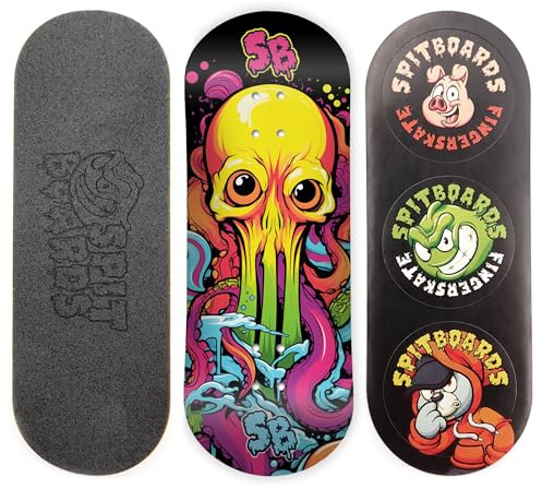 SPITBOARDS 34mm Fingerboard Deck - Real Wood (5-Layers) Classic Popsicle Street Shape - Size: 34 x 96 mm - Single Graphic Deck (Real Wear) - Optimized Concave - Alien-Octopus