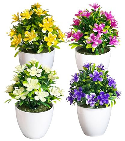LuckyCao 4 Pcs Artificial Flowers Plants Potted Mini Fake Plants with Pot Plastic Faux Potted Plants for Uv Resistant Artificial Plants Indoor Outdoor For Room Decor Home And Garden Decor