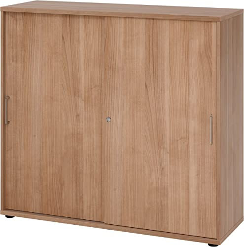bümö Schiebetürenschrank 3OH - Aktenschrank abschließbar, Sideboard Schrank mit Schiebetüren in Nussbaum, Bügelgriff - Büroschrank aus Holz mit Schiebetür, Büro Kommode für Ordner & Co.