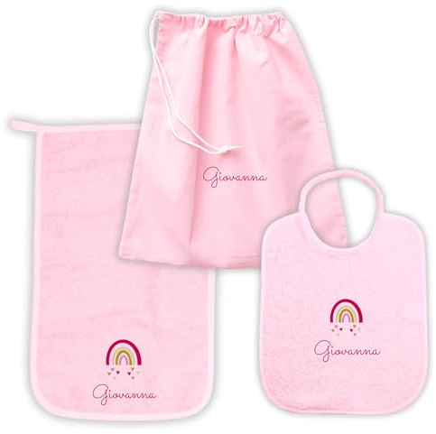 MAYRA Set Asilo Nido e Materna Personalizzato | Kit Bavaglino con Elastico o Laccetti, Asciugamano con Asola e Sacchetto Cambio | Ricamo Nome e Disegno | Made in Italy (Rosa, Set Asilo Materna)