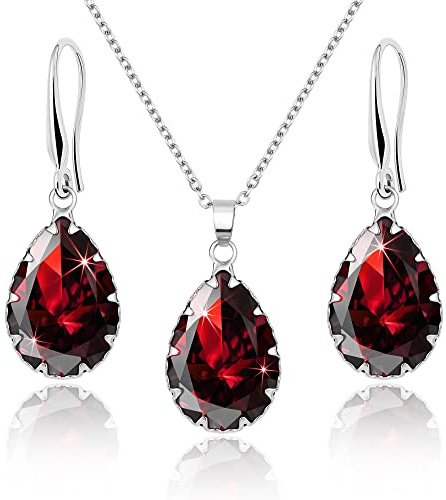 Linawe Conjunto de joyas rojas para mujer, pendientes colgantes de plata para mujer, collar de cadena, colgante de rubí, joyería nupcial, conjunto de joyas de moda