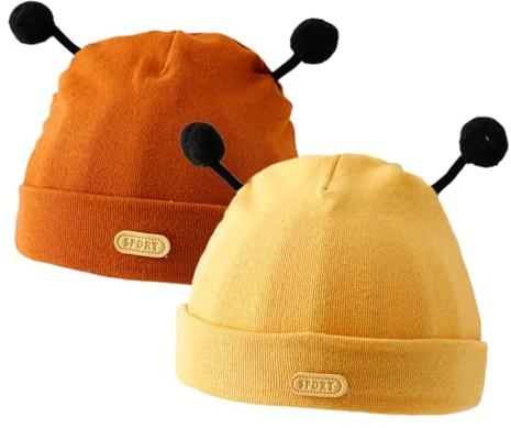 HEOXIN Baby Kinder Mütze 2 Stücke, Niedlich Beanie Mütze Hüte, Biene Babymütze für Herbst, Winter Mütze Hüte für 0-12 Monate Baby Mädchen Junge Unisex, Einheitsgröße Gelb + Braun