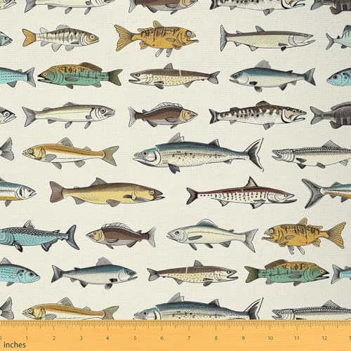 Loussiesd Fisch Stoff Meterware 92x150cm Fischen und Jagen Patchwork Stoffe für Stühle, Vintage Wasserdichter Outdoor Polsterstoff