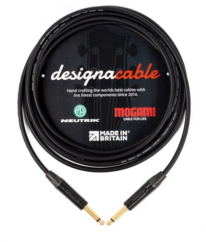 designacable.com 10m - Straight to Straight Black Jack Guitar Cable - Handmade in the UK using Mogami GOLD 2524 Guitar Cable & Neutrik NP2X-B Jacks.