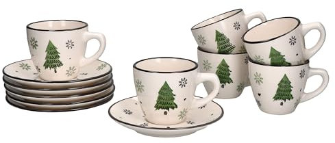 MamboCat Weihnachtsbaum Kaffeetassen mit Untertassen für 6 Personen I Steingut-Set mit Tannenbäumen & Schneeflocken für Weihnachten, Nikolaus & die Adventszeit