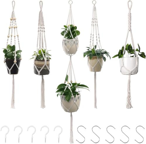 Generisch Makramee Blumenampel aus Baumwolle, 6er Set Hängeampel für Blumentöpfe und Pflanzen, Innen- und Außendekoration für Decken, Balkone und Wände - Boho Deko Beige