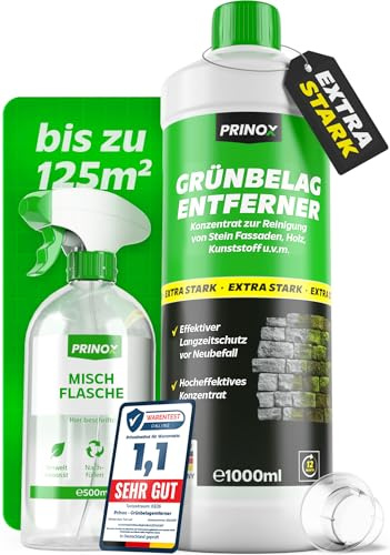 PRINOX® Grünbelagentferner Konzentrat 1000ml inkl. Mischflasche – EXTRA STARK I Moosentferner & Algenentferner für Fassade, Terrasse, Dach, Pflasterstein I Chlorfrei & Säurefrei I Made in DE