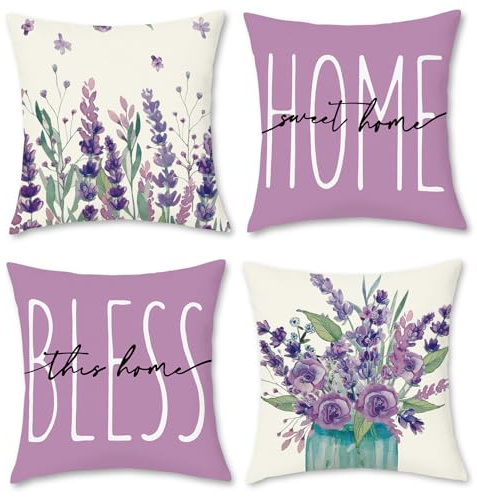 Hopomoon 4er Set Kissenbezug 40x40 cm Lavendel Lila, Dekokissenbezüge in Leinen-Optik mit Blumen & Buchstaben Muster, Modern Landhaus Kissenhülle Set für Sofa Wohnzimmer Garten Deko, Ohne Füllung