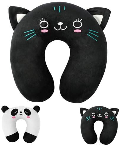 Alaoo Almohada de Viaje para Niños, Portátil Almohada para el Cuello en Forma de U, Animales Lindos Cojin de Viaje Cuello para Silla de Avión, Coche, Cojín de Descanso para Dormir (Gato Negro)