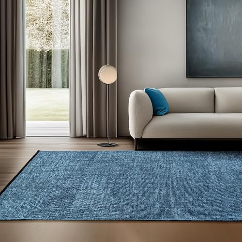 SIMPEX Baumwolle Teppich Blau 140x200 cm - Waschbar, Boho-Stil, Vintage Kelim, Kurzflor, rutschfest & Weich, Einfarbig Meliert, Für Wohnzimmer, Schlafzimmer, Büro & Küche