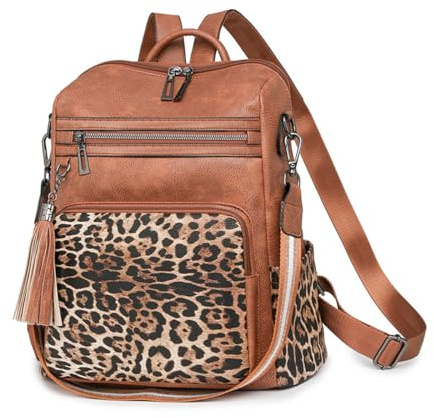 SONARIN Vintage Mode Sac à Dos Femme,Grande Capacité PU Sac à Dos Loisir pour Dame Sacs d'École Cartable Filles,Sacs à Bandoulière Convertible pour Voyage Travail Collège(Marron Léopard)