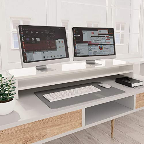 Ergonomisk högglansig vit bildskärmstativ stigare – 100 x 24 x 13 cm konstruerat trä för skrivbord, bärbar dator, iMac, PC och skrivare med kabelhantering – snygg och funktionell lösning för arbetsyta
