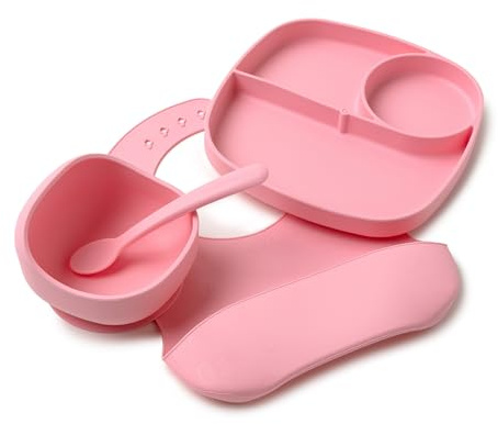 Muchmellow - Set Pappa Silicone MADE IN ITALY 4 Pezzi, Ciotola con Ventosa Anticaduta, Piatto, Cucchiaio, Bavaglino Regolabile, Svezzamento, Plastic Free, BPA Free, Lavabile Lavastoviglie (Rosa)