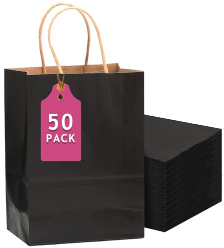 Gcardist 50 Stück Schwarz Große-Geschenktüten aus Papier mit Henkeln–13×10.3×4.6-Tüten Partygeschenktüten für vielfältige Verwendungszwecke