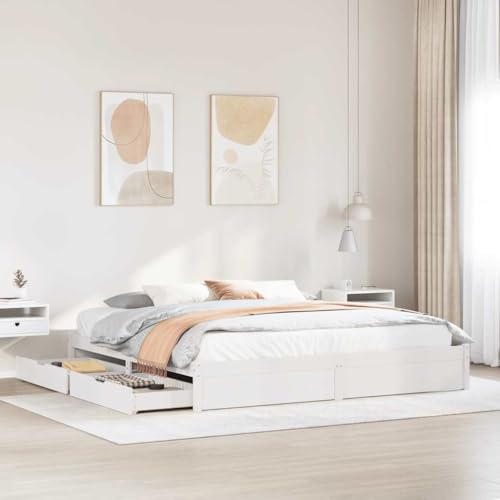 Qnhdfrt Massivholzbett Kiefernholz 200x200 cm Weiß mit Lattenrost und 2 Schubladen für optimalen Stauraum Robustes Bettgestell für erholsamen Schlaf