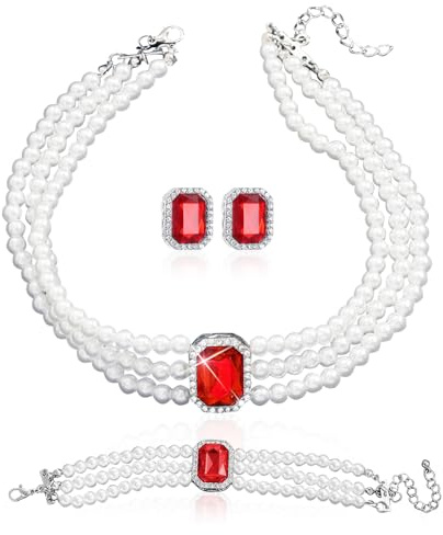 LjFrexia 3Pcs Perlen Schmuck Damen, Strass Kristall Perlen Choker Halsketten Armband Ohrringe, Mehrreihige Schmuck mit Kristallanhänger, für Frauen Braut Brautjungfer