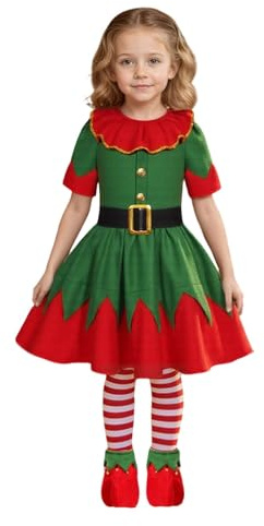 Generico Costume da Elfo Natalizio per Bambini, Abito Natalizio Elegante con Cerchietto Natalizio Calzini, Set di Abiti da Festa Natalizi per Bambine dai 5-11 Anni