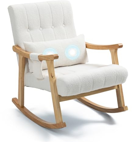 AVAWING Upholstered Rocking Chair with Massage Lumbar Support, Comfy Rocker Glider Chair for Nursery, Modern High Back Armchair for Living Room, Indoor Armchair for Petite (White)