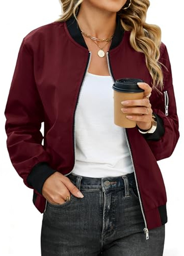 CMTOP Giacca Bomber Donna Giubbotto Casual Elegante Giacche Leggera Corto con Zip Cappotto da Pilota Primaverili Outwear Outdoor Antivento per Estate e Autunno(Bordeaux, XXL)