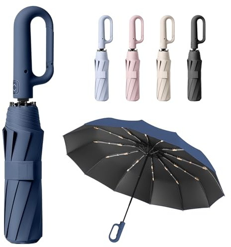 HCQC Großes Regenschirm 20 Rippen Sturmfest, Automatischer Regenschirm mit UV Schutz UPF 50+, Faltbarer Taschenschirm mit Karabinergriff für Herren & Damen (Marineblau)