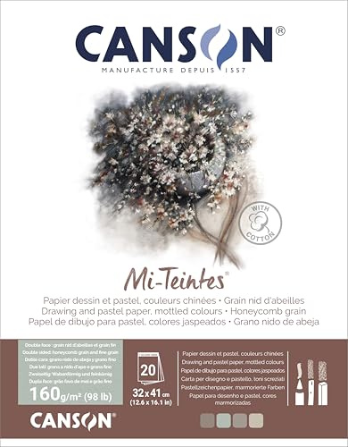 Canson Mi-Teintes farbiges Zeichenpapier, doppelseitig: Wabenstruktur und feine Körnung, 160 g/m², auf der kurzen Seite geleimt, 32 x 41 cm, 4 Farben meliert, 20 Blatt