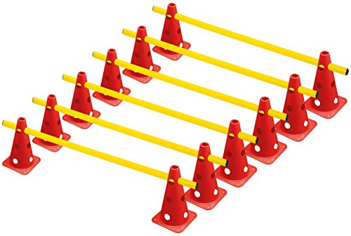 RHINOS sports Steckhürdenset, 6 Hürden, 22,5 cm, Rot/Gelb | 12 Kegel + 6 Stangen (1 m) | 3 Höhenstufen | Für Fußball, Schule, Hundetraining & Hobby Horsing