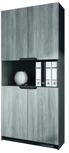 Vladon Büroschrank Logan V2, Made in Germany, Aktenschrank mit 5 Fächern und 4 Türen, Schwarz matt/Avola-Anthrazit (82 x 184 x 37 cm)