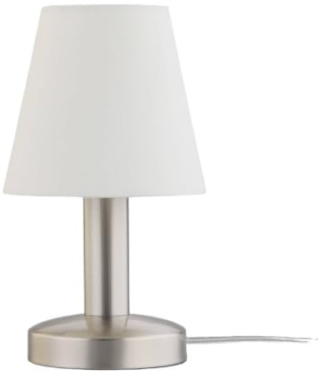 Lindby Tischlampe mit Touchfunktion, Tischleuchte Stoffschirm weiß Nachttischlampe Nickel satiniert 1x E14 max. 40W ohne Leuchtmittel Wohnzimmer Schlafzimmerlampe