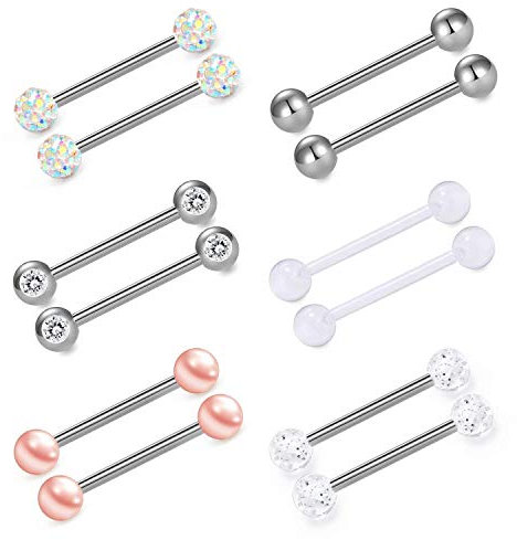 Incaton Chirurgenstahl Zungenpiercing Nipplerings Kristallkugel Glitzer Barbell Piercing Set 14 Gauge 12stk 14mm