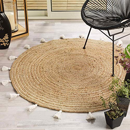 Douceur d'Intérieur Weicher Dekoteppich für den Innenbereich, rund, 120 cm, Jute, einfarbig + Pompons, Shira, weiß