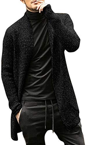 shownicer Homme Cardigan Outerwear Longue Tricoté à Manches Longue Manteau Long Slim Fit Gilet Pull Automne Hiver Décontracté Veste Noir M