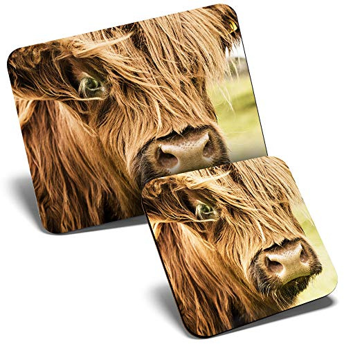 Mouse Mat & Coaster Set - Hairy Scottish Highland Cow 23.5 x 19.6 cm & 9 x 9 cm for Computer & Laptop, Office, Gift, Non-slip Base #45277