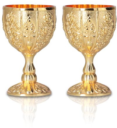 HERCHR Copas de Vino Doradas, 2 piezas Vintage en Relieve Cáliz Real Europeo, Mini Copas de Vino, Copa de cáliz Retro portátil con Decoración floral en relieve para Bar En Casa, Fiesta, Boda(01)