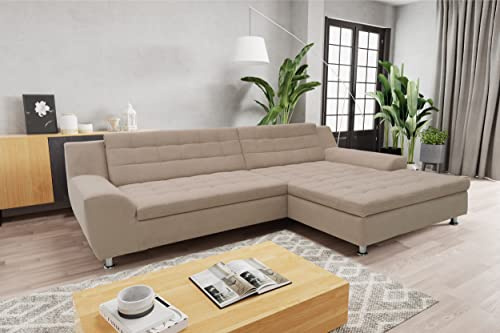 DOMO. collection Ecksofa Merida, Sofa in L-Form, Eckcouch, Couch-Garnitur, Polsterecke 304 x 200 x 84 cm (BxTxH), taupe | Longchair rechts mit Steppung, gepolsterten Armlehnen und Chromfuß, moderne Polsterecke in L-Form, 304 x 200 x 84 cm (BxTxH)