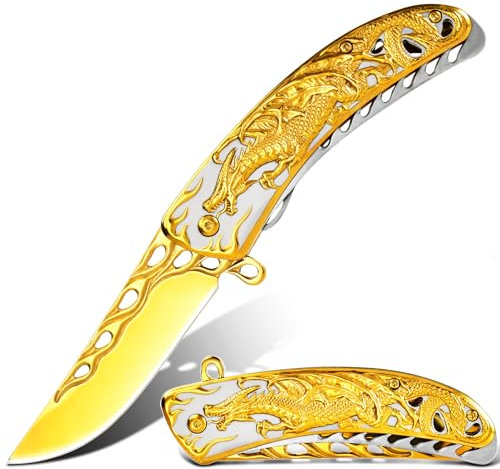 Vividstill golden Drache Klappmesser für Männer, cool Titanplattiert Prägen 3D Drache Taschenmesser, gute Geschenk Edc Messer für Männer Outdoor Überleben Camping