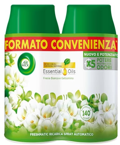 Airwick Freshmatic Profumatore per Ambienti, 2 Ricariche Spray Automatico, Fragranza Fresia Bianca e Gelsomino, Profumo da 250 ml