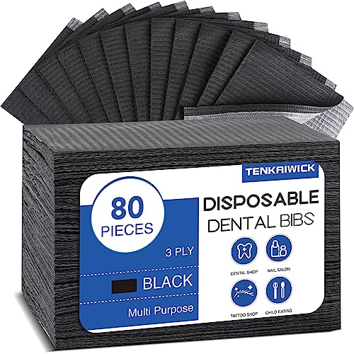 80 Pack Disposable Dental Bibs 13x18, 3-Ply Waterproof Tattoo Bibs Sheet for Nail Salon, Dental Clinic, Feeding, Tattoo Shop (Black)