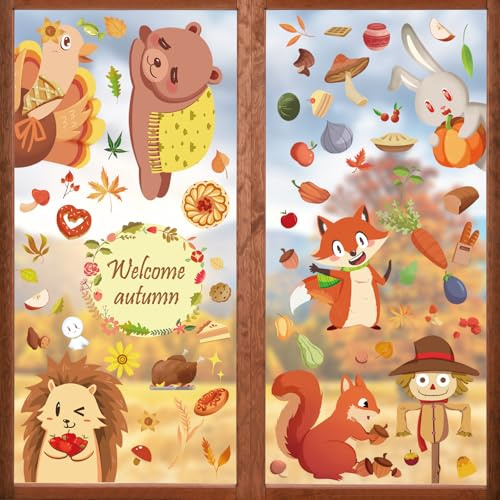 Giugio 149 Stück Erntedankfest Fensteraufkleber, Herbst Fensterbilder, Selbstklebend, Thanksgiving Herbstdeko Fenster Aufkleber, Herbst Blätter Fenster Aufkleber für Kinderzimmer Dekor