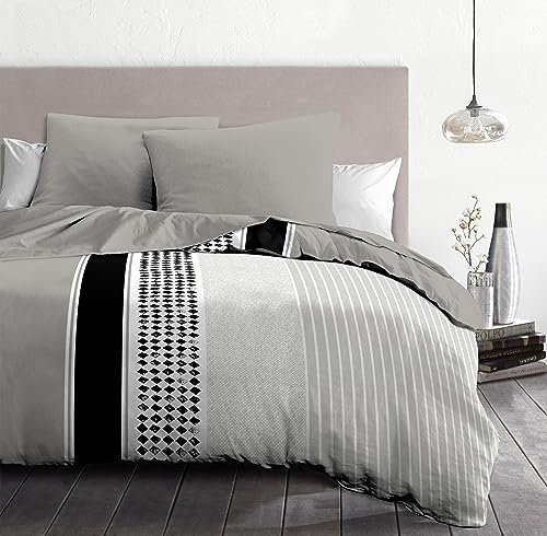 Home Linge Passion Parure de Couette 220x240 Mimosa Noir– Housse imprimée + taie – Douce, légère et Facile d'entretien – Motifs Modernes