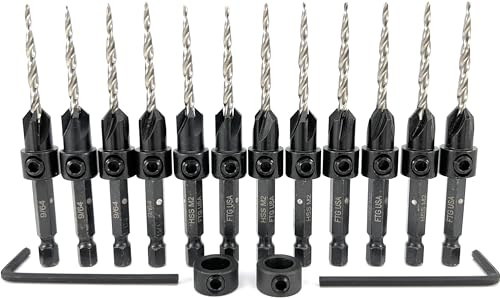 FTG USA 12 Pc #6 (9/64) Countersink Drill Bit Set with Depth Stop Collar, Hex Wrench - Tapered Drill Bits for Wood