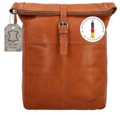 Gusti Rucksack Leder - Valja Damen und Herren Rolltop Laptop Rucksack Braun mit Geheimfach & Steckschloß, Reißverschluss, 9L