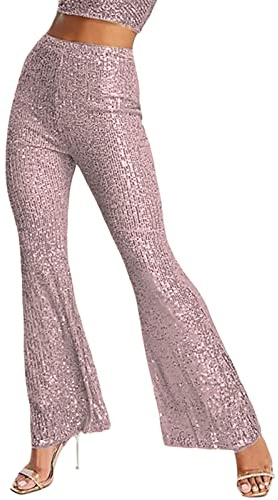 Aunaeyw Damen Pailletten Weite Hose Hohe Taille Glitzer Glitter Hose Glitzer Elastisch Lockere Schlaghose Glänzende Hose (Pink1, L)