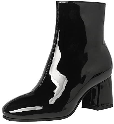 Elbslutt Women's Chunky Heel SquareToe Booties Patent Leather Block Heeled Zip Up Ankle Boots, size 7.5, Black