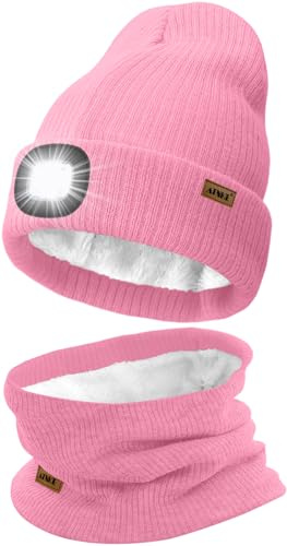 ATNKE LED Mütze mit Licht und Schal Set, Wiederaufladbare USB 4 LED Beleuchtete Laufmütze Winter Warme Gefütterte Fleece Halsschlauch und Stricken Mütze für Herren und Damen Geschenke