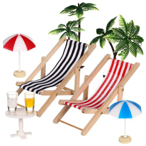 Generisch Strand-Mikrolandschaft Miniatur-Set Mit Mini LiegestüHlen Palmen Sonnenschirmen Und Rundem Couchtisch Miniatur Stranddeko FüR Puppenhaus Und DIY Mikro-Landschaft 5.12X5.12X1.97In