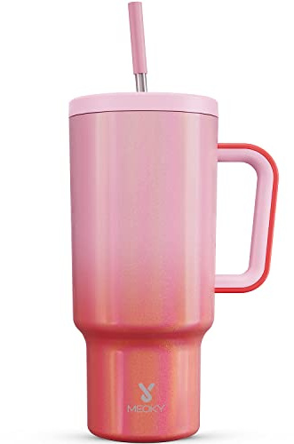 Meoky 1182ml Tumbler with Straw and Lid, 40oz Tumbler with Handle, Insulated Stainless Steel Travel Mug Water Bottle, 100% Leak-Proof, Cold for 34 Hours or Hot for 10 Hours (Flamingo)